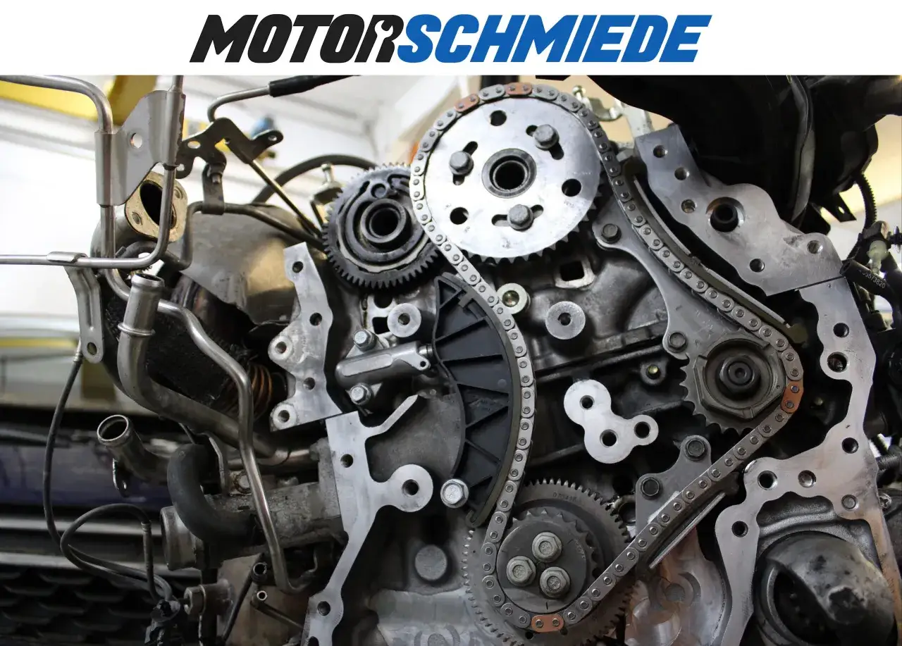 Motorraum mit freigelegter Steuerkette und Zahnr&auml;dern. Ein Hinweis, wann Steuerkette wechseln, ist wichtig f&uuml;r die Motorleistung.