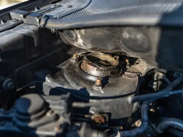 Rostiges Domlager im Motorraum. Mögliche domlager defekt symptome sind Geräusche beim Lenken oder Fahren.