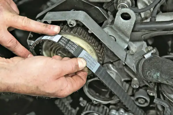 Hände montieren einen neuen Zahnriemen am Motor. So gelingt der Zahnriemenwechsel selbst.