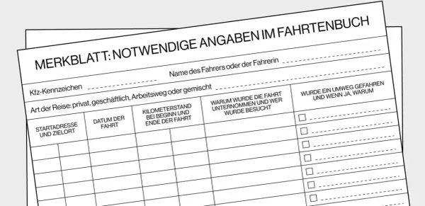 Fahrtenbuch-Formular mit Feldern für Kennzeichen, Fahrer, Reiseart, Start/Ziel, Datum, Kilometerstand, Zweck und Umwege. Hier wird dokumentiert, was eine Betriebsfahrt ausmacht.