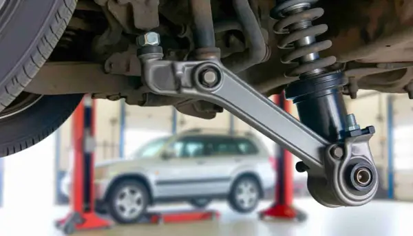 Auto-Aufhängung mit defektem Querlenker. Symptome wie Klappern oder schlechte Straßenlage deuten auf Probleme hin.
