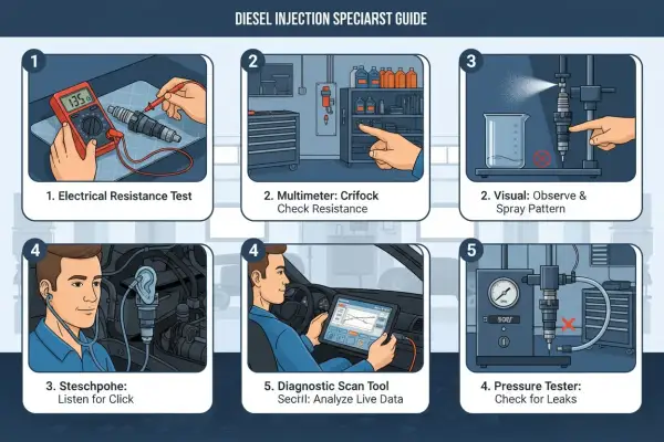 Anleitung zur Diagnose eines defekten Injektors. Prüfen mit Multimeter, Stethoskop, Sprühbild, Drucktester und Fehlerspeicher auslesen.