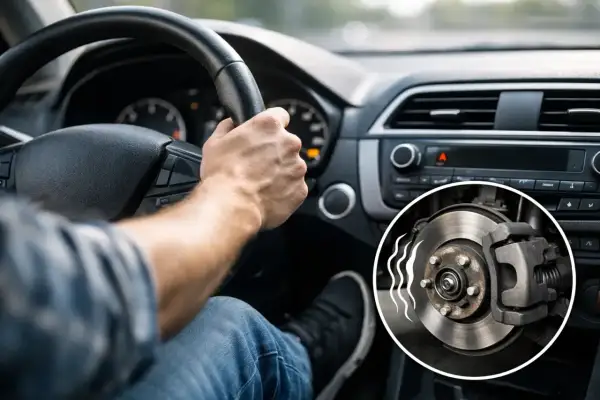Fahrer hält das Lenkrad, während ein Bremsbelag und eine Bremsscheibe mit Wellenlinien gezeigt werden, die darauf hindeuten, dass das Lenkrad flattert.