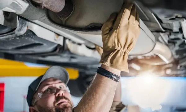 Mechaniker prüft Auspuffanlage. Ein kaputter Katalysator kann das Weiterfahren erschweren.
