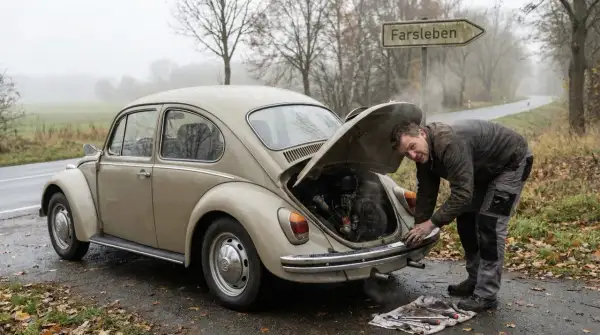 Mann repariert seinen Käfer, der im Stand ruckelt. Dampf steigt aus dem Motorraum, Werkzeug liegt bereit.