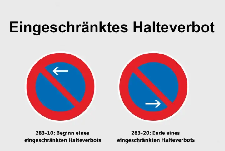 Zwei Verkehrszeichen: Beginn eines eingeschränkten Halteverbots (links) und Ende eines eingeschränkten Halteverbots (rechts). Hier ist das Parken verboten, Taxen müssen weiterfahren.